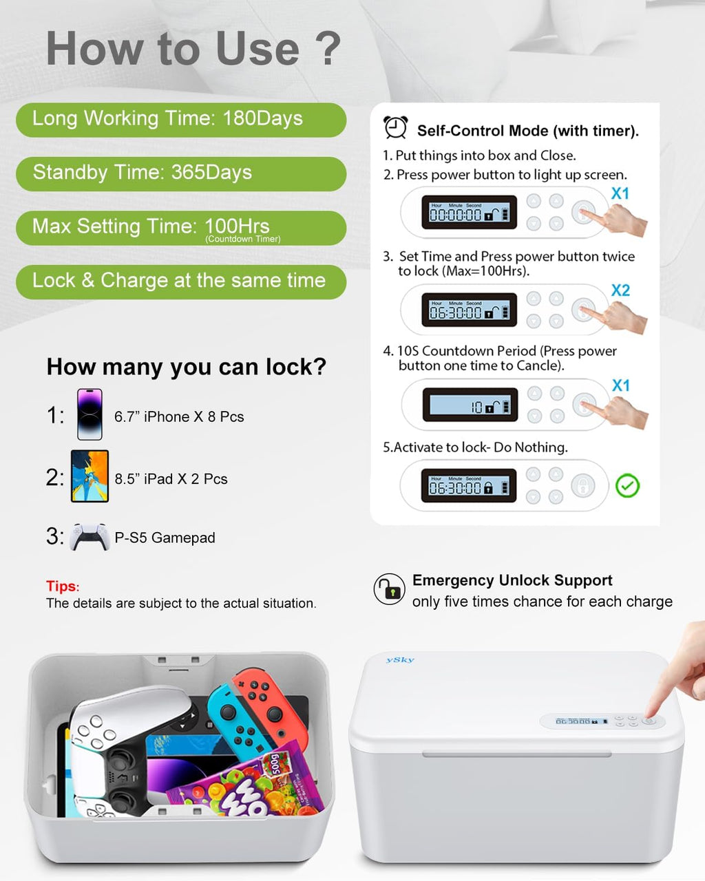 ySky Phone Lock Box with Timer,SafeTimed Lock Box Unplug from Phones,Video Games,Social Media,Snacks&Cravings,Self Control Storage Box for 8.5 inch iPad,Time Locker Box (Gray)