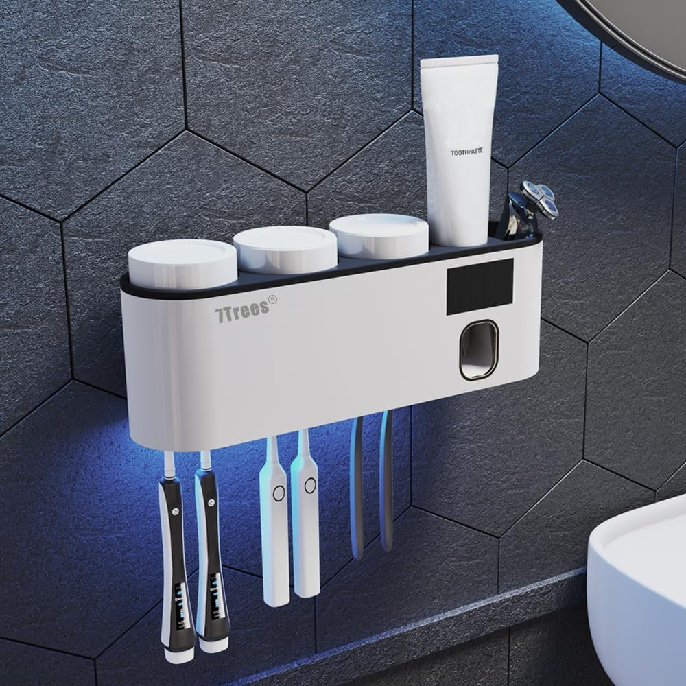 Toothbrush Cleaning Holder, Self Adhesive Toothbrush Holder with 3 Cups, Automatic Toothpaste Squeezer Dispenser Bathroom Accessories Set (White)