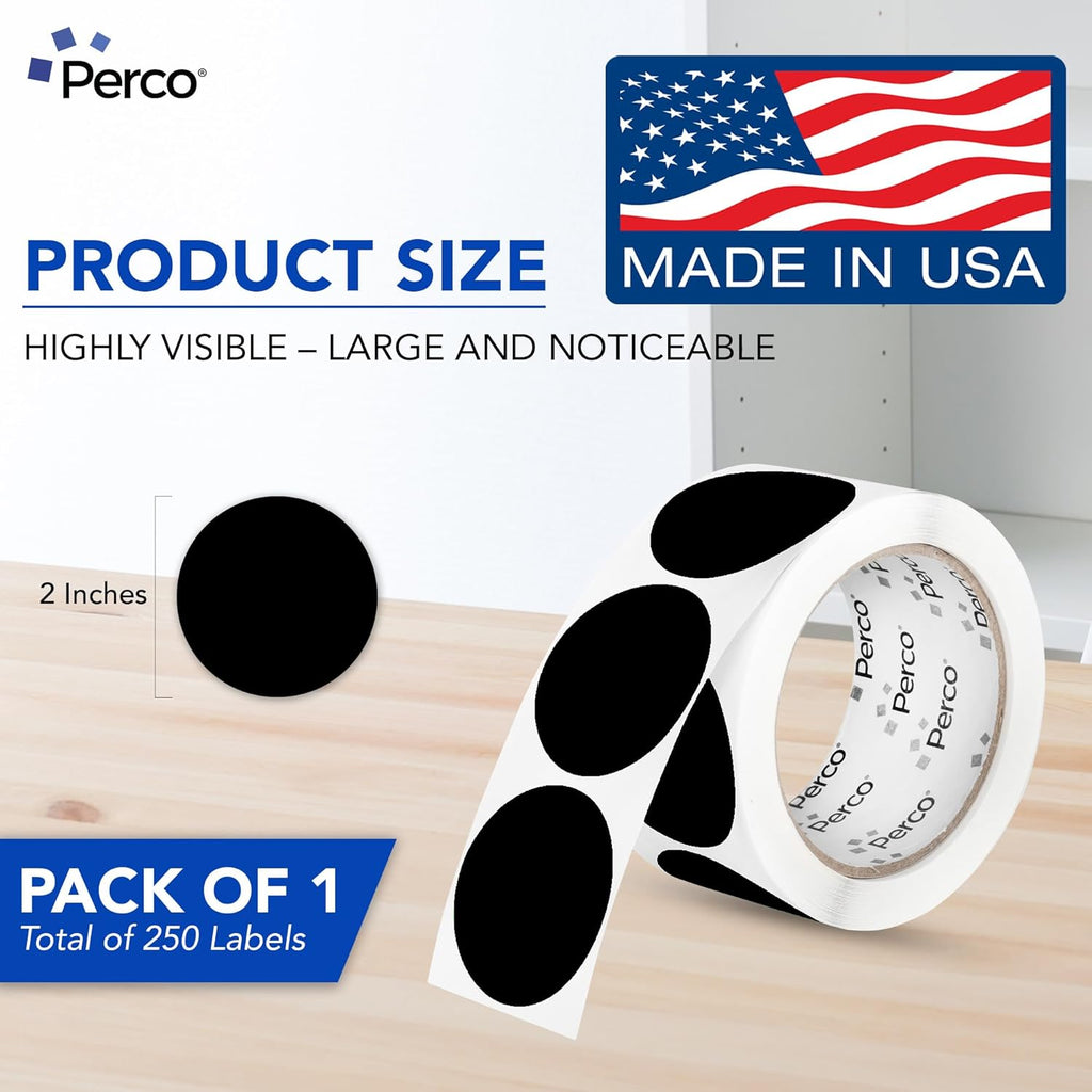 Perco Black 2-Inch Perforated Circle Dot Sticker Labels — 250 Round Stickers Per Roll — with Permanent Adhesive for Organizing, Color Coding, Bin Labeling, Packaging Alerts — Made in USA