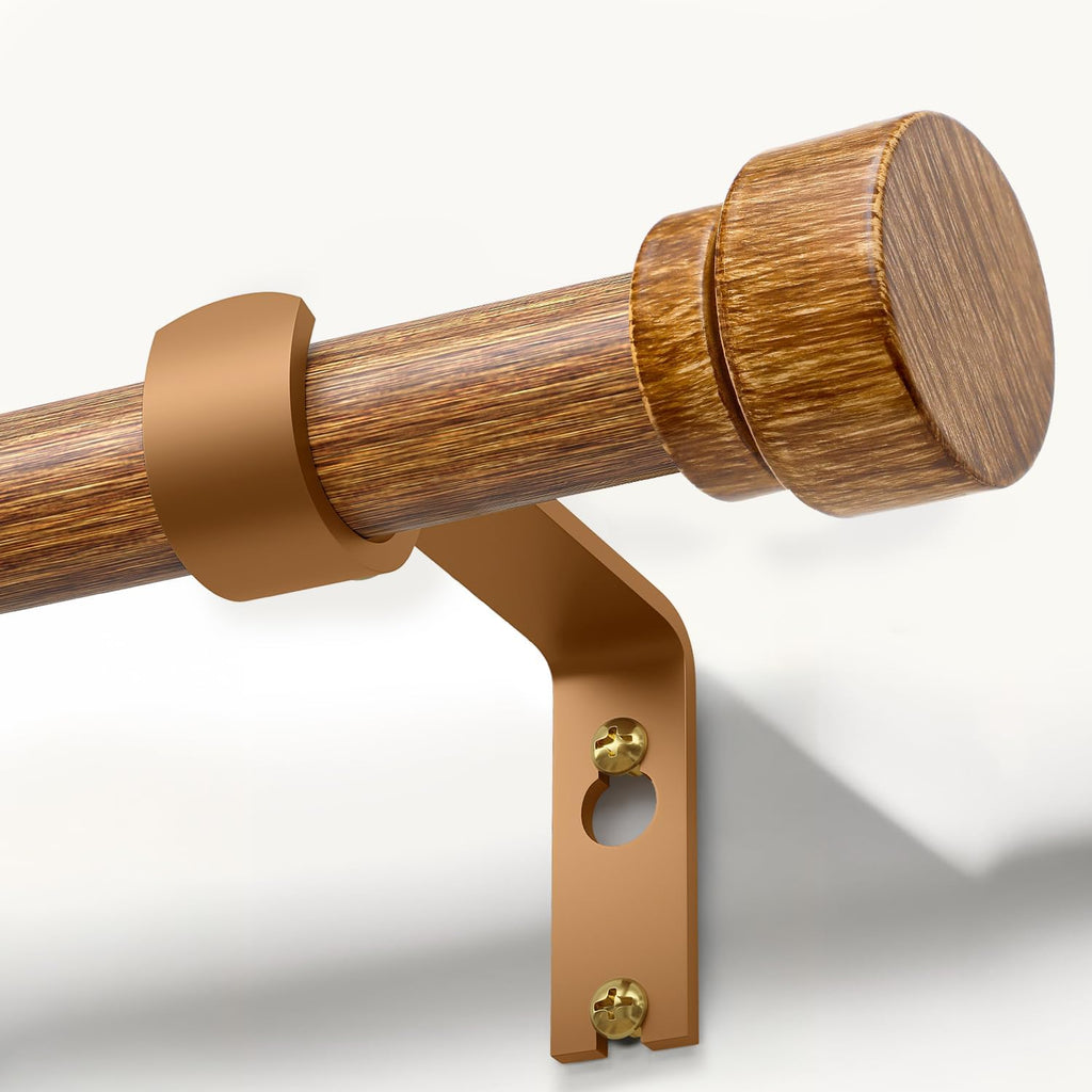 Wood Curtain Rods for Windows 72 to 144 Inches 1" Diameter Boho Decorative Heavy Duty Long Window Curtain Rod Adjustable with Solid Imitation Wood Grain Finials for Living Room Bedroom Kitchen