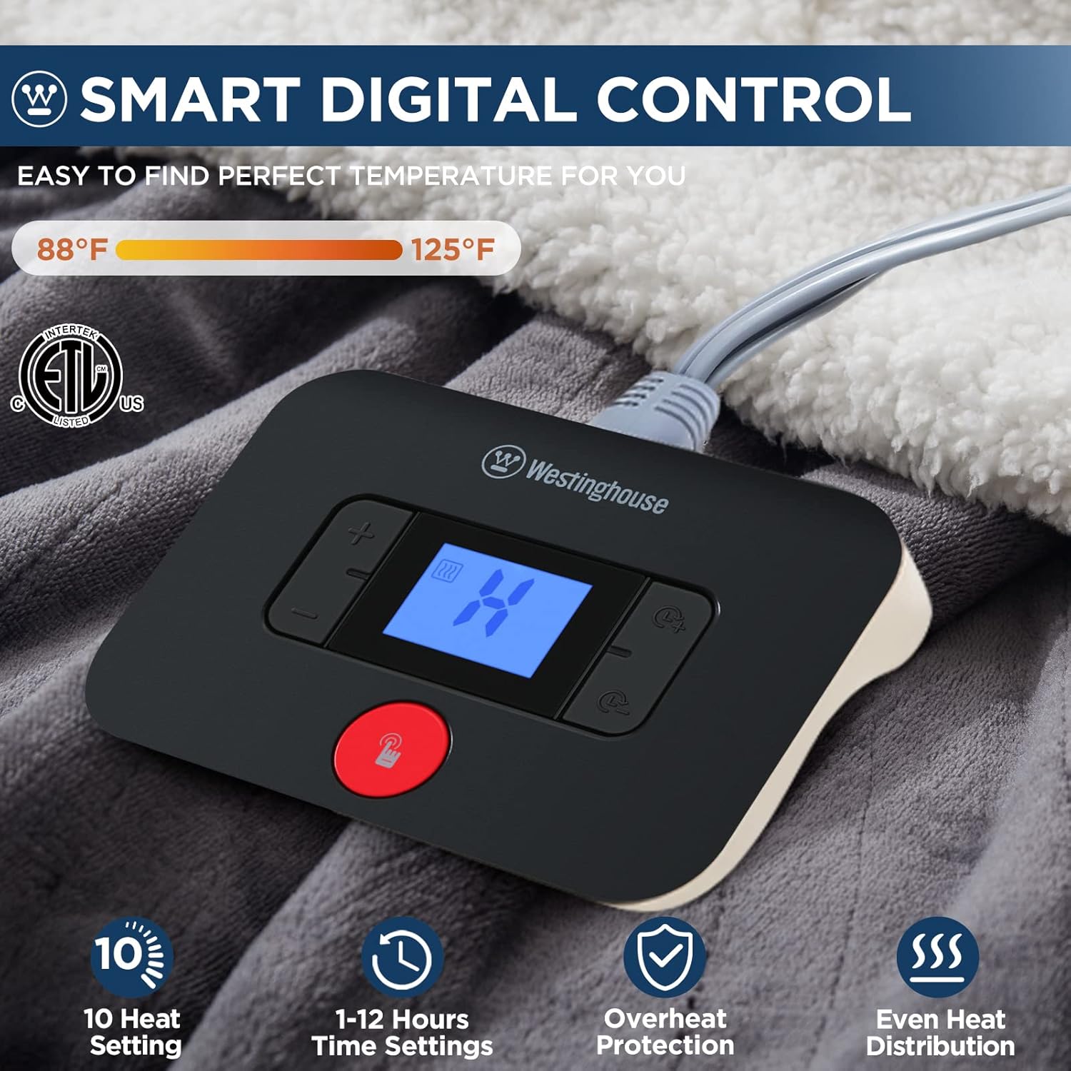 Westinghouse Electric Blanket Twin, Heated Blanket Twin Size with 10 Heating Levels and 1 to 12 Hours Heating Time Settings, Flannel to Sherpa Reversible, Machine Washable (62" x 84", Charcoal)