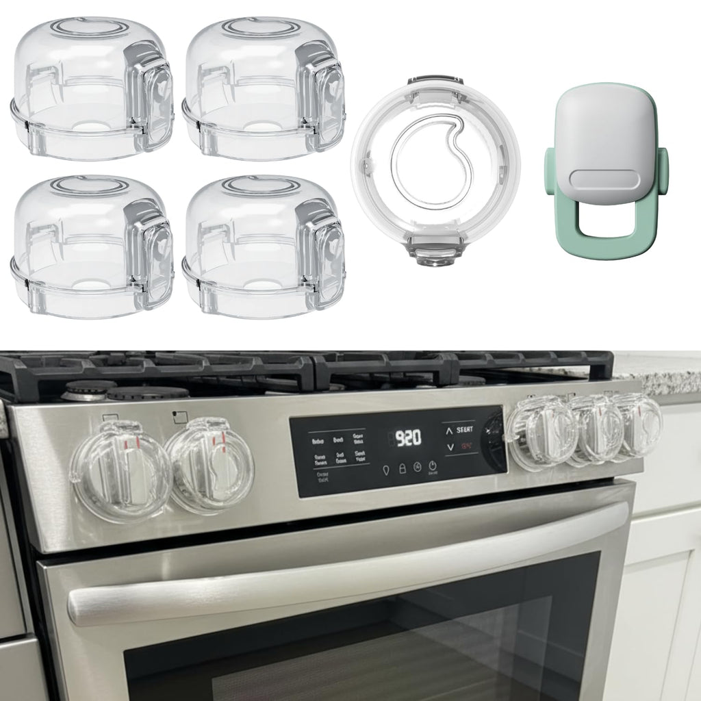 Stove Knob Covers for Child Safety - 5+1 Pack Upgraded Double-Key Design, Universal Fit Gas Oven Knob Locks, Heat-Resistant Clear View Baby Proof Covers for Kids and Pets (White)