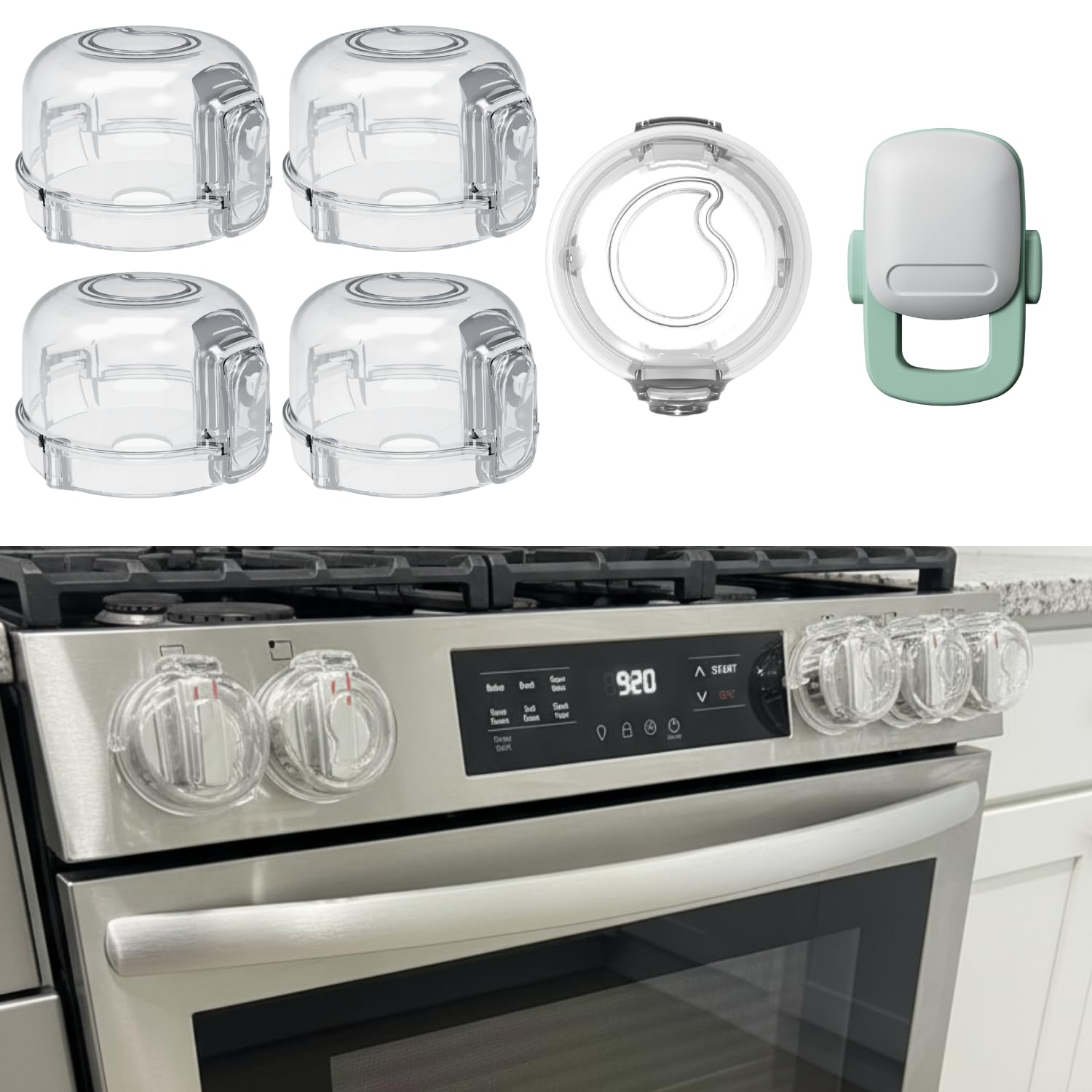 Stove Knob Covers for Child Safety - 5+1 Pack Upgraded Double-Key Design, Universal Fit Gas Oven Knob Locks, Heat-Resistant Clear View Baby Proof Covers for Kids and Pets (White)