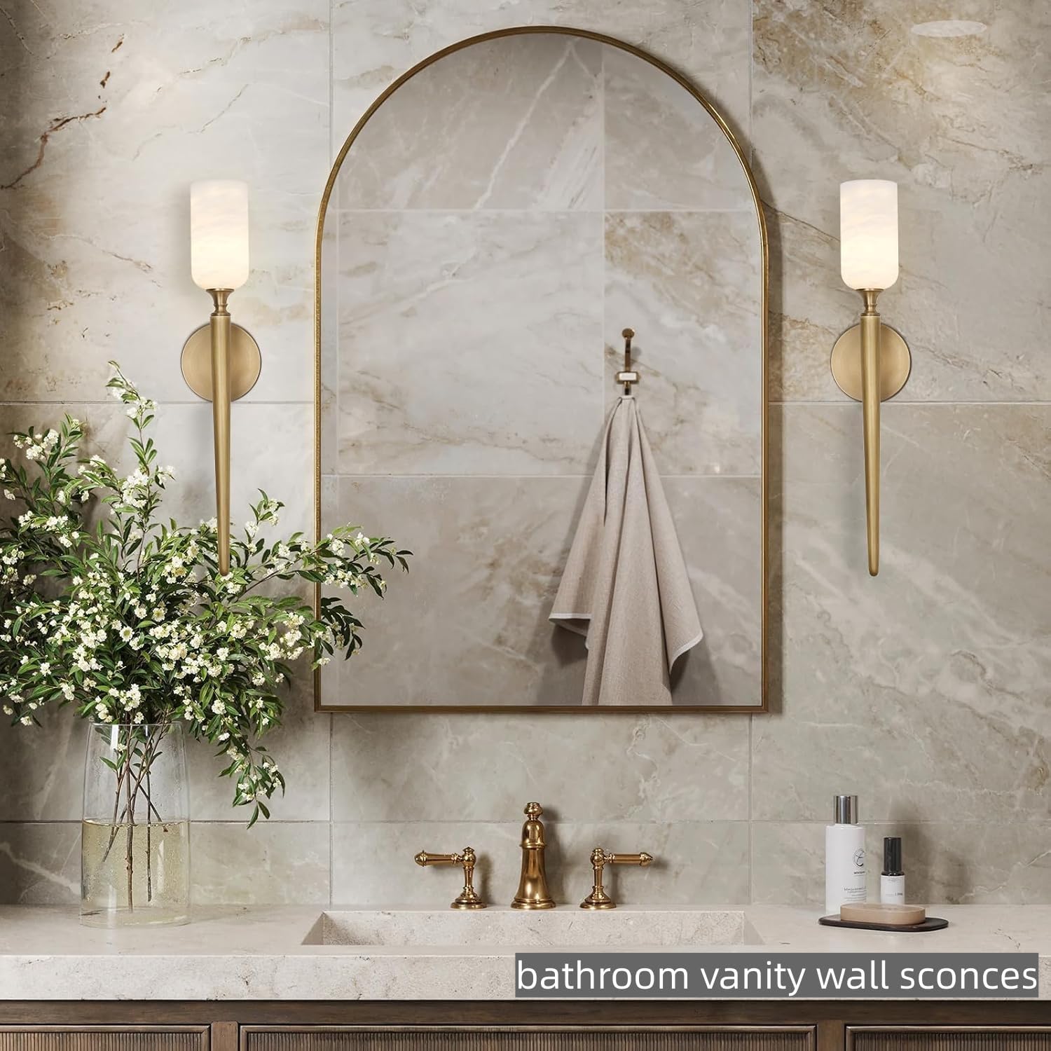 Alabaster Wall Sconces Set of Two, 22in Modern Spanish Natural Marble Bathroom Vanity Sconces, Brass Alabaster Sconce Wall Lighting, Gold Wall Light Fixtures Decor for Bedroom Living Room Staircases