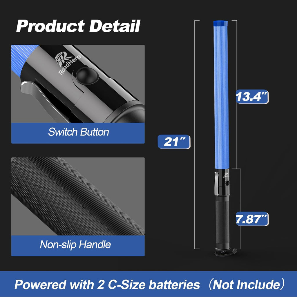 RoadHero 2 Pack 21 Inch Traffic Wands, Blue Led Traffic Control Baton, Night Safety Light Wand with 2 Flashing Modes, Air Marshaling Signal Wand with Side Clip for Parking Lot