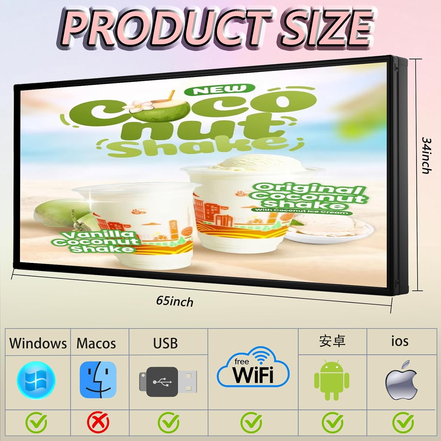P5 Programmable Outdoor LED Business Sign 65"x34" P5 IP65 Waterproof, WiFi USB Control for Scrolling Text Image Video Advertising Display