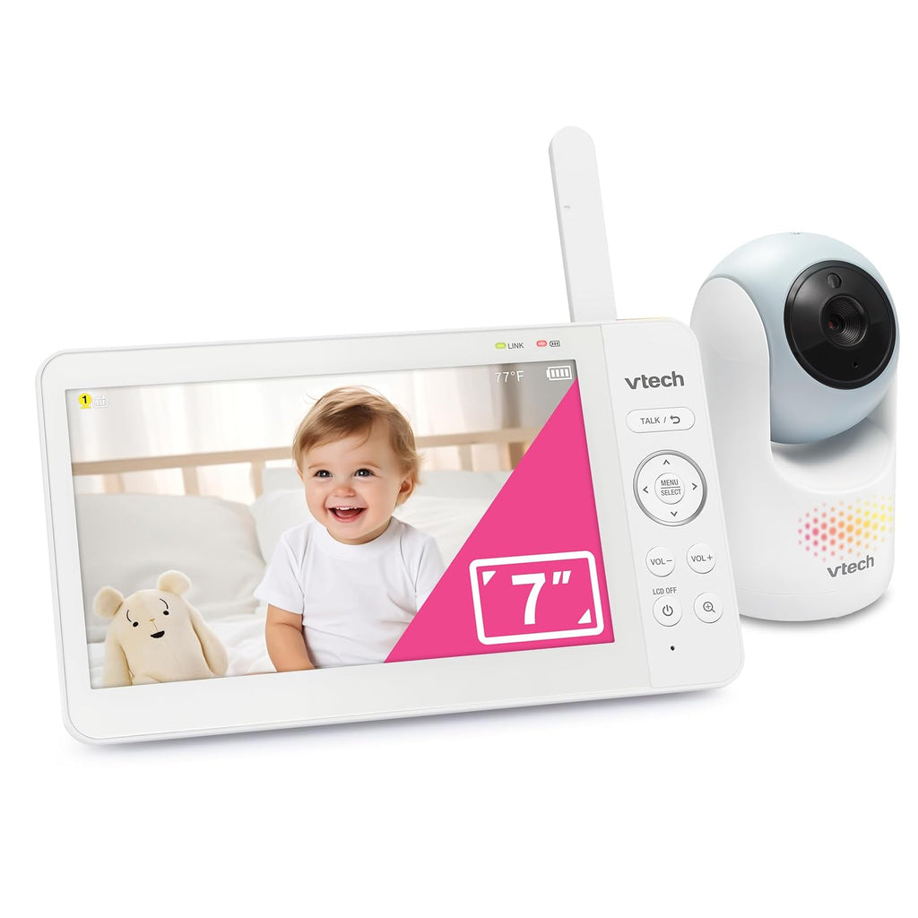VTech Video Baby Monitor with 7" Color LCD Screen, Rechargeable Battery, Video Streaming, Audio Streaming, Pan-Tilt-Zoom, Touch Multi-Color Night Light, Two-Way Talk, Long Range: Advanced Max Blue