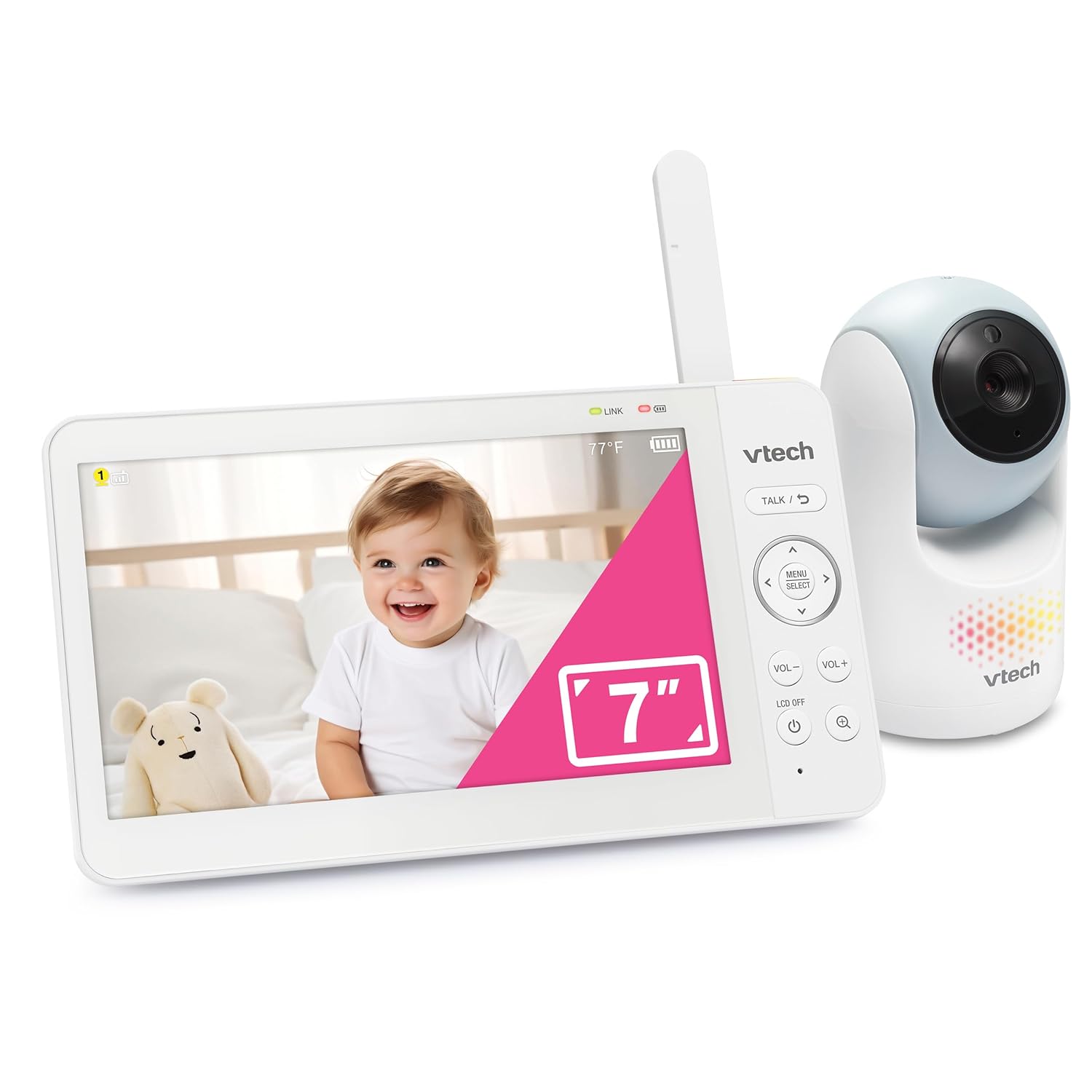 VTech Video Baby Monitor with 7" Color LCD Screen, Rechargeable Battery, Video Streaming, Audio Streaming, Pan-Tilt-Zoom, Touch Multi-Color Night Light, Two-Way Talk, Long Range: Advanced Max Blue