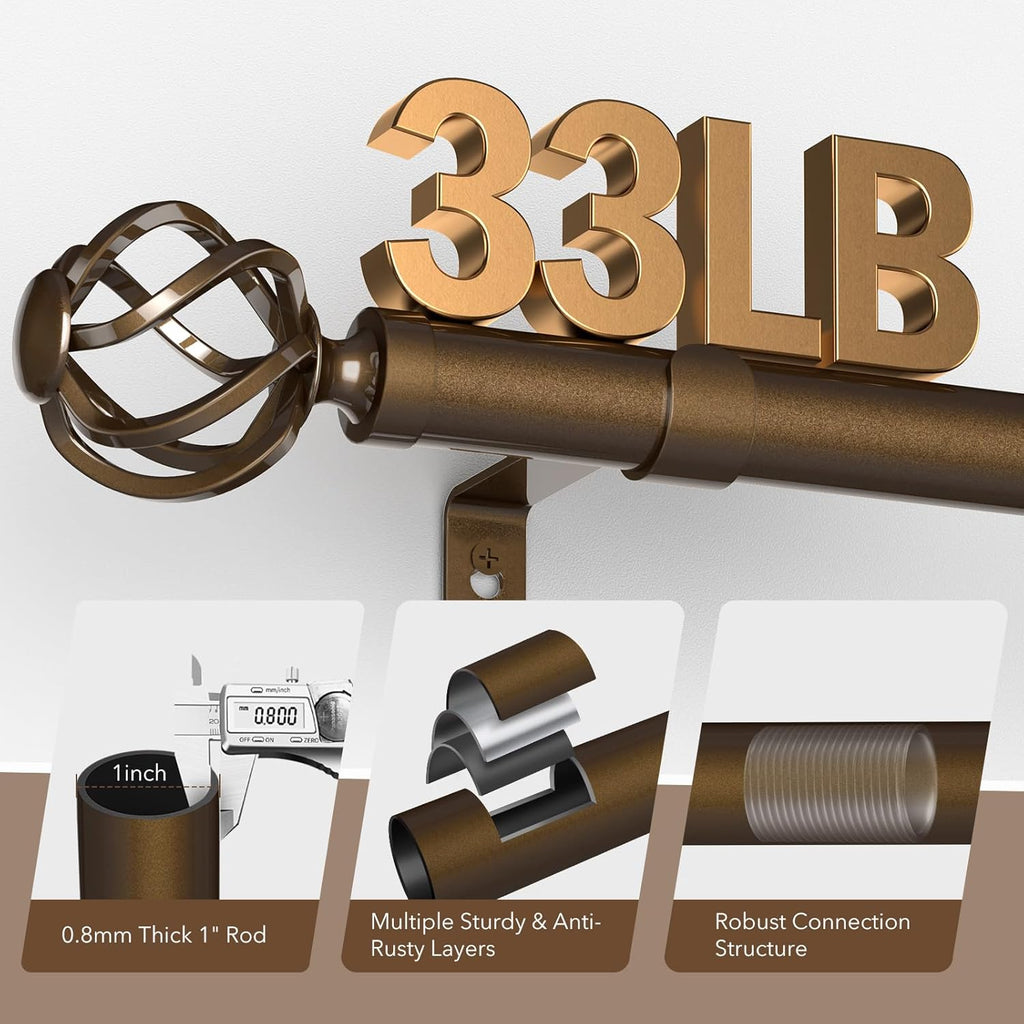 Curtain Rods for Windows 28 to 48, 1 Inch Adjustable Decorative Bronze Curtain Rod, Modern Heavy Duty Drapery Rods with Twisted Cage End, Telescoping Splicing Structure, Size 32"-60"