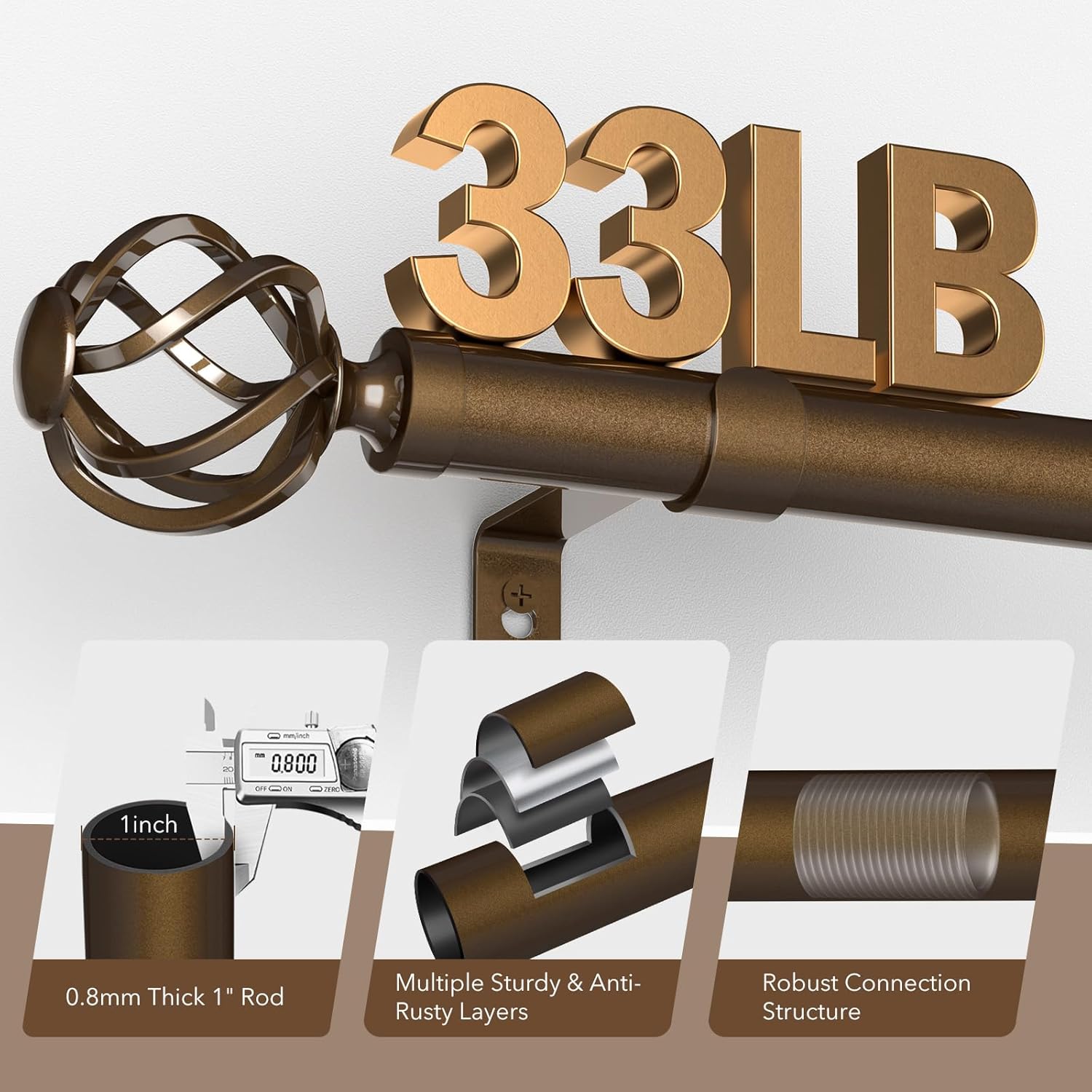 Curtain Rods for Windows 28 to 48, 1 Inch Adjustable Decorative Bronze Curtain Rod, Modern Heavy Duty Drapery Rods with Twisted Cage End, Telescoping Splicing Structure, Size 32"-60"