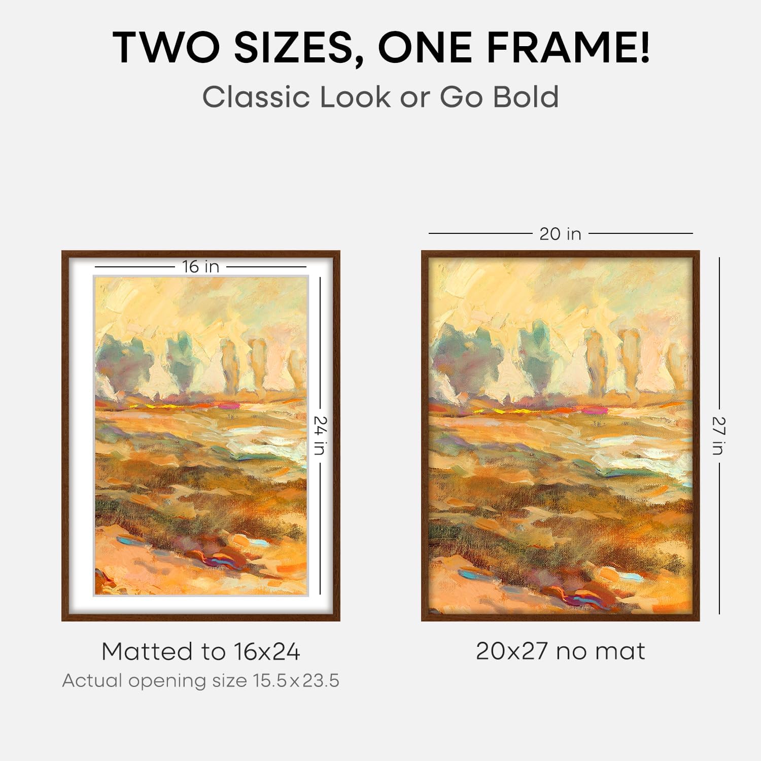 Homeforia 20x27 Picture Frame Brown, High End Dark Oak 20x27 Poster Wood Frame with Mat 16x24 for Photo, 20 x 27 Wooden Walnut Frame Matted to 16 x 24, 27x20 Frames, Tempered Glass, Wall Kit, Set of 1