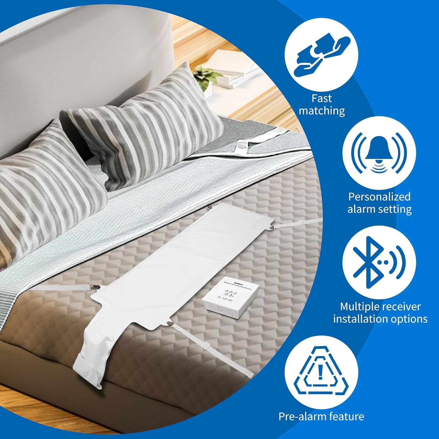 Briidea Wireless Bed Alarm for Elderly Adults, Fall Prevention Monitor, Bed Sensor Pad & Pager with Pre-Alarm Function, Give Early Warning, Two Modes Personalized Sensing