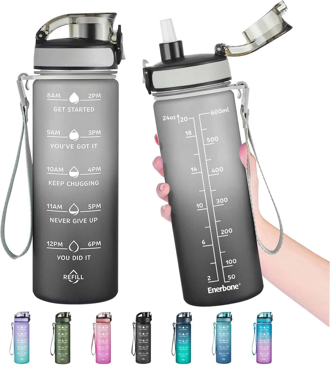 Enerbone Water Bottle, Leakproof BPA & Toxic Free, Motivational Water Bottle with Times to Drink and Straw, Fitness Sports Water Bottle with Strap for Office, Gym, Outdoor Sports