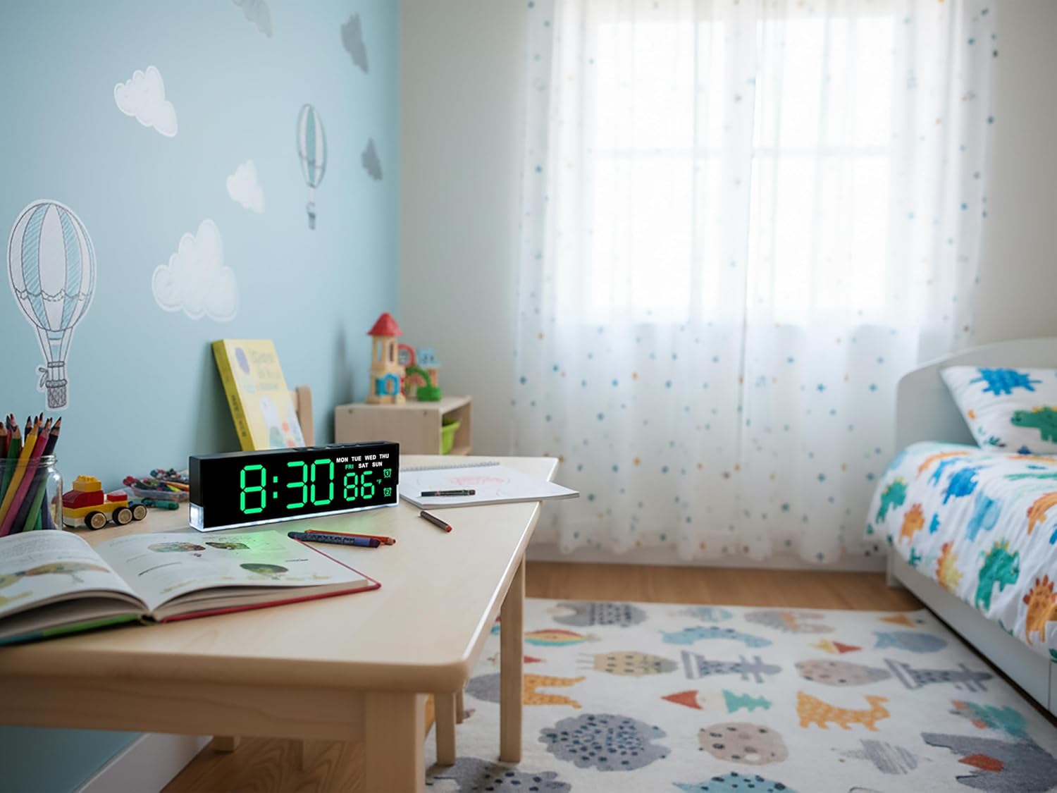 zyzamay 7-Inch Modern LED Digital Alarm Clock with Dual Alarms & Soft Bottom Light｜Displays Time, Date, Day, Temperature ｜3-Level Auto/Manual Brightness, DST, USB or Battery Powered Desk Clock,Green