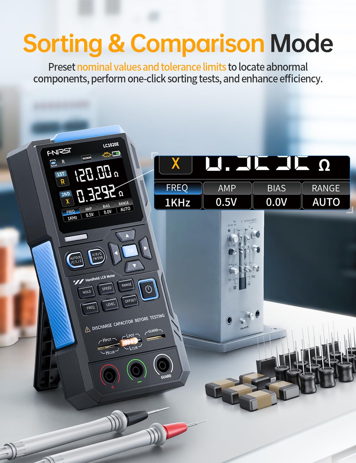 FNRSI LC1020E LCR Meter, 19,999 Counts Resistor Inductor Capacitor Tester, Auto Component Detect, Measures ESR/Q/D/θ/X, 2.8” Color TFT, Dual Parameter Display, Sorting & Open/Short Calibration