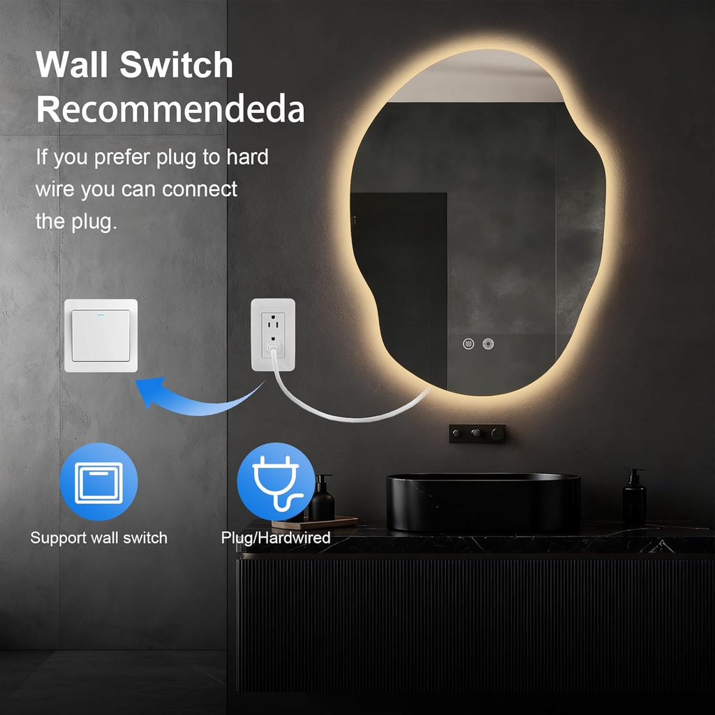 Asymmetrical Bathroom Mirror with Lights,Irregular LED Bathroom Vanity Mirror with Backlit,Anti-Fog,3 Colors and Dimmable Light with Memory,Hardwired Supported[Horizontal/Vertical] 30" H x 22" W