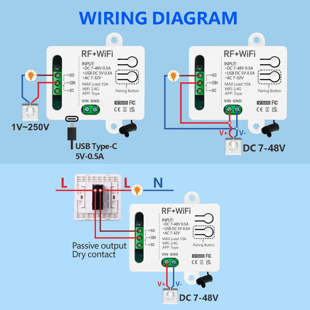 DieseRC Tuya 1 Channel WiFi Smart Switch, DC 5V 12V 24V 36V Passive Output Relay Module, with 2X RF Remote Control, Compatible with Alexa/Google Home