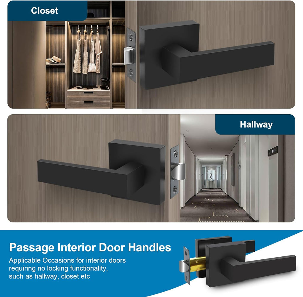 Passage Door Lever, 8 Pack Matte Black Interior Door Handles for Hallway and Closet, Heavy Duty Square Interior Keyless Door Handles Non-Locking Door Knobs for Right & Left Side Door