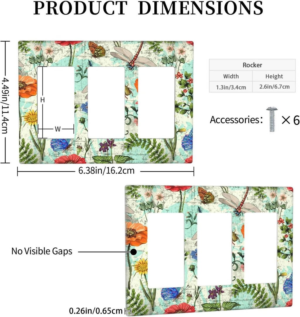 Dragonflies Flowers Butterfly 3 Gang Triple Rocker Outlet Light Switch Cover Decorative Wall Plate Cover For Home Living Bedroom Kitchen Decorative