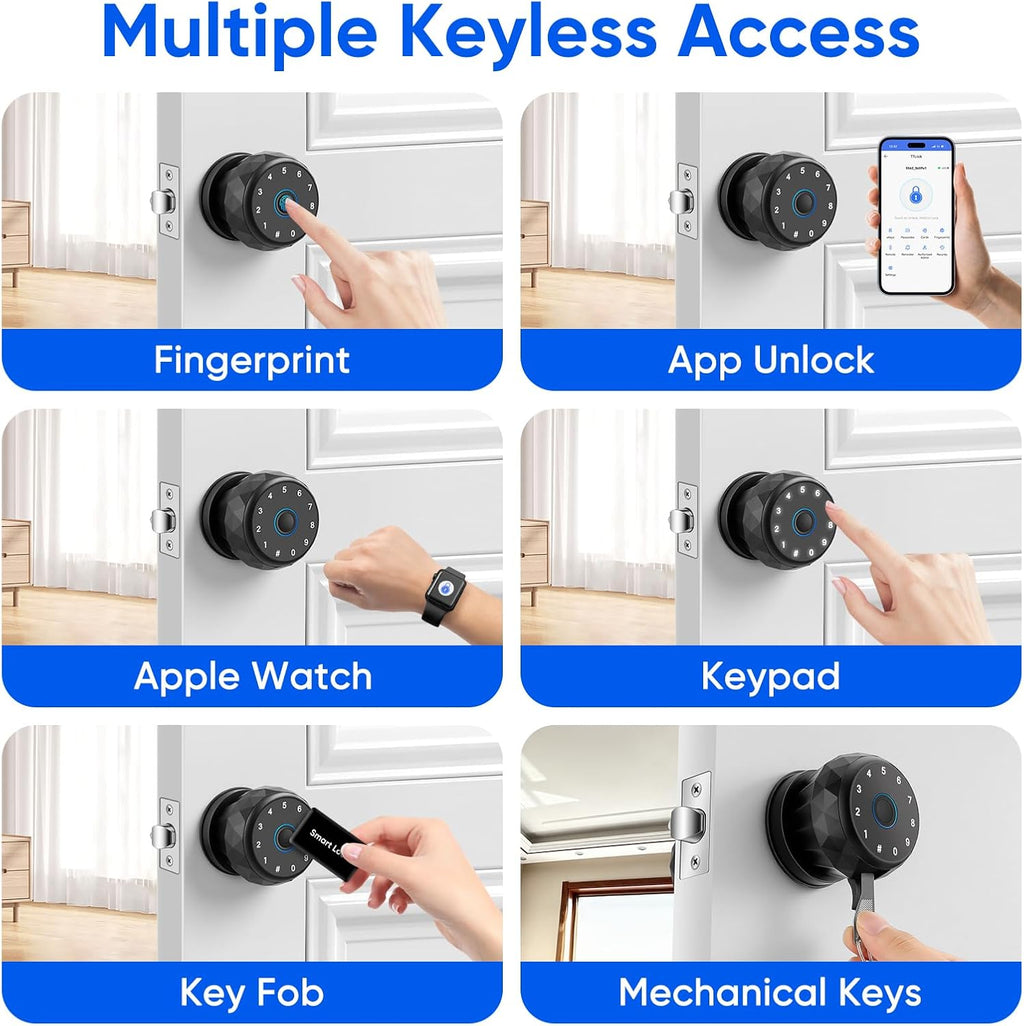 Smart Door Knob Fingerprint Door Lock with Keypad, Keyless Entry Deadbolt for Front Door, Smart Auto Lock Deadbolt with Phone/Watch App Control, Biometric Fingerprint Gate Knob with 6 Ways to Unlock