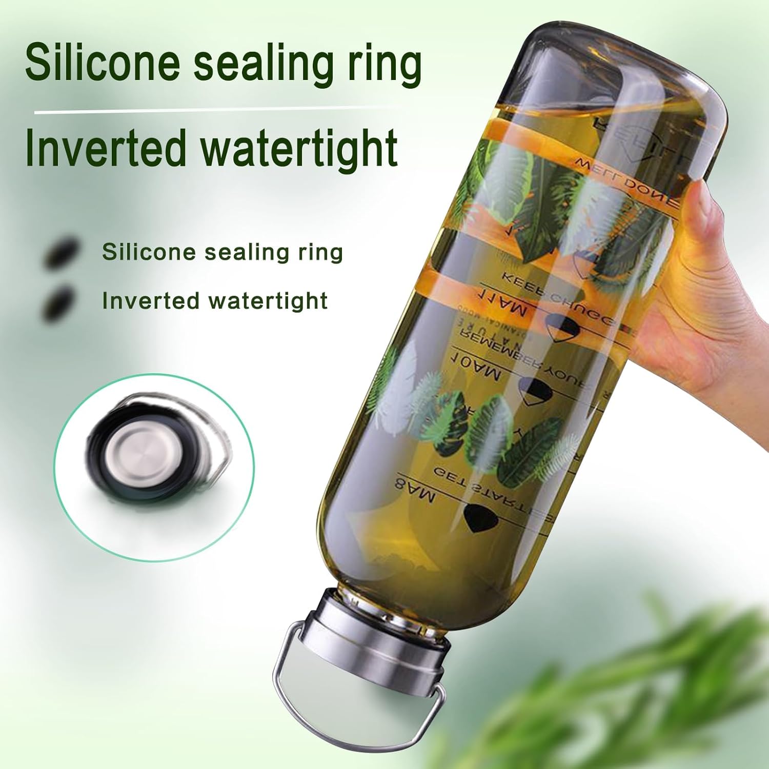 50 oz Glass Water Bottle with Time Markers – 1500ml Borosilicate Sport Bottle, Stainless Steel Handle & Strainer, BPA-Free, Leak-Proof (Leaf Green, Silver Lid)