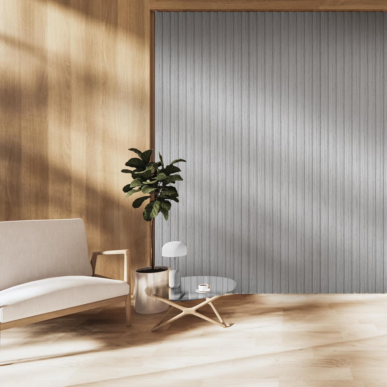 OUZUGIE WPC Acoustic Slat Wall Paneling, 8-Pack 114 x 6 Inches 3D Wall Panels for Interior Wall Decor,Living Room,TV Background,Study Room,Office Spaces,Bedroom,High Grille (Grey)