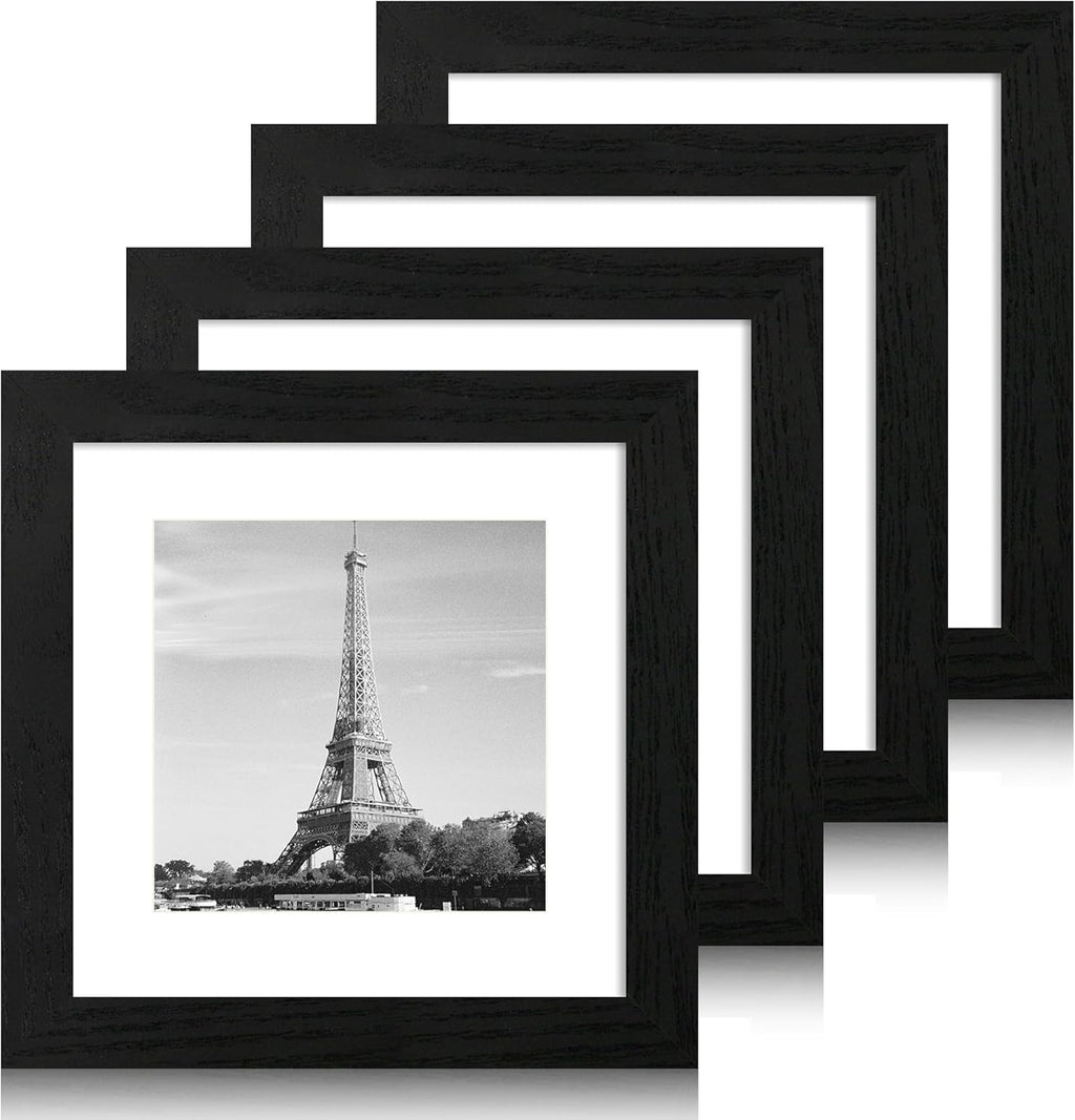 iRahmen 8x8 Picture Frames Set of 4 with High Definition Real Glass, Black Frames Display 6x6 Picture with Mat or 8x8 Without Mat, Wood Square 8 x 8 Photo Frame for Wall Mount and Tabletop Display