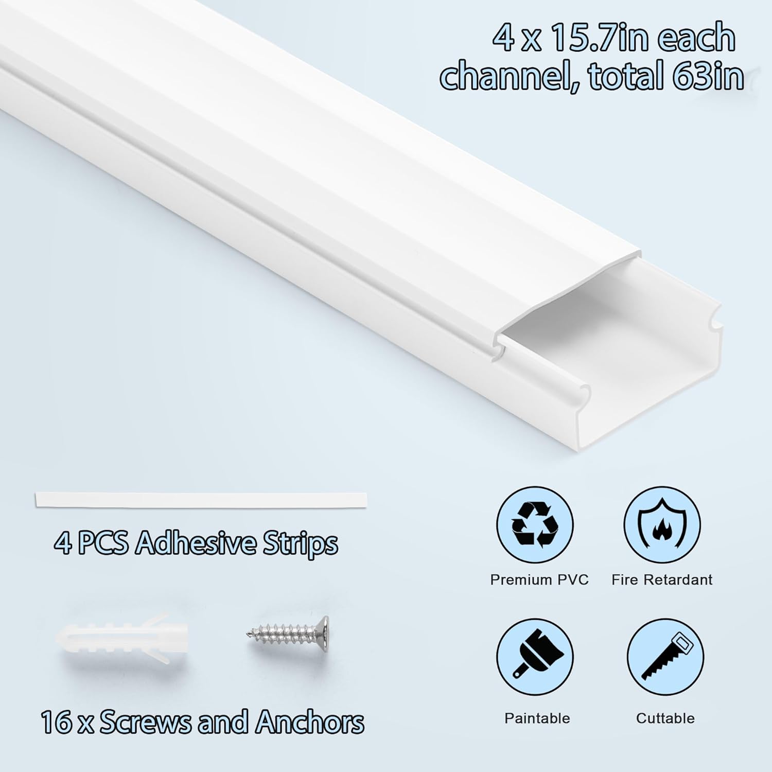 Cord Covers - 63in Paintable TV Cable Hider Kit, X-Large Cord Management System for Walls