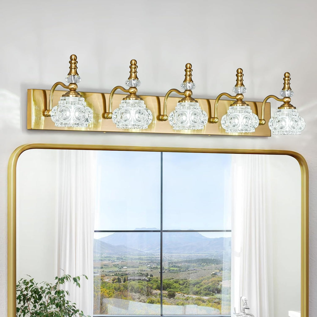 Modern Glass Crystal Vanity Light - Vintage Bathroom Lighting Fixtures Over Mirror, 5 Light Vanity Lights G9 Bulb (35.43 Inch, Gold)