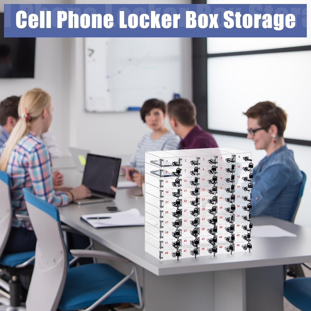 Layhit 50 Slots Cell Phone Locker Box for Classroom Clear Acrylic Cell Phone Storage Cabinet Bin with Door Locks for Classroom School Students Office Factory Employees