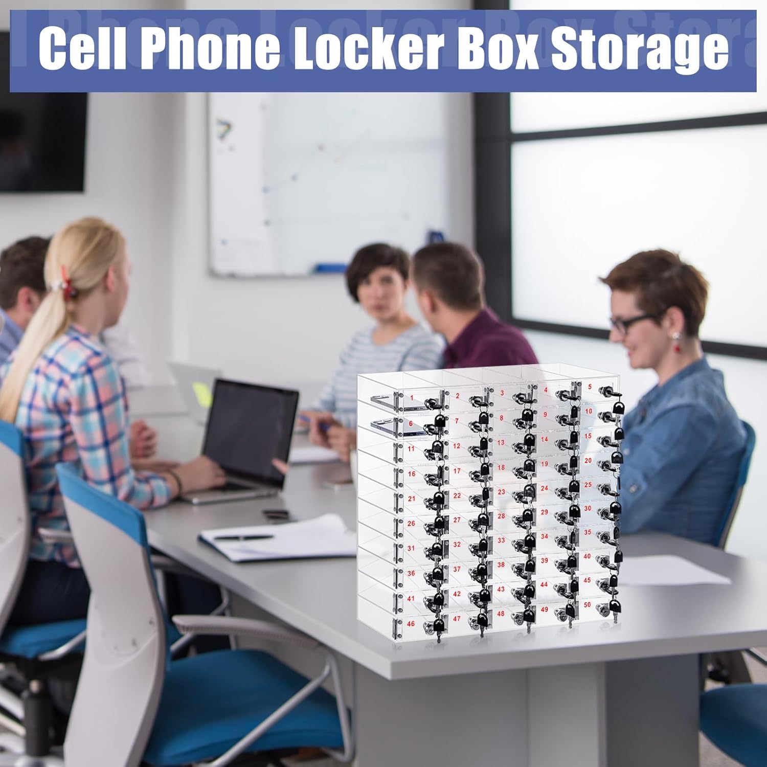 Layhit 50 Slots Cell Phone Locker Box for Classroom Clear Acrylic Cell Phone Storage Cabinet Bin with Door Locks for Classroom School Students Office Factory Employees