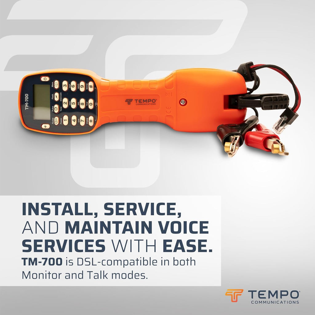 TEMPO Communications TM-700 Telephone Test Set, Lineman's Butt Set Phone Tester w/LCD Display, ABN Bed of Nails & Spike Croc Clips & RJ11, DSL Line Filter (Professional Grade) (TM-700)