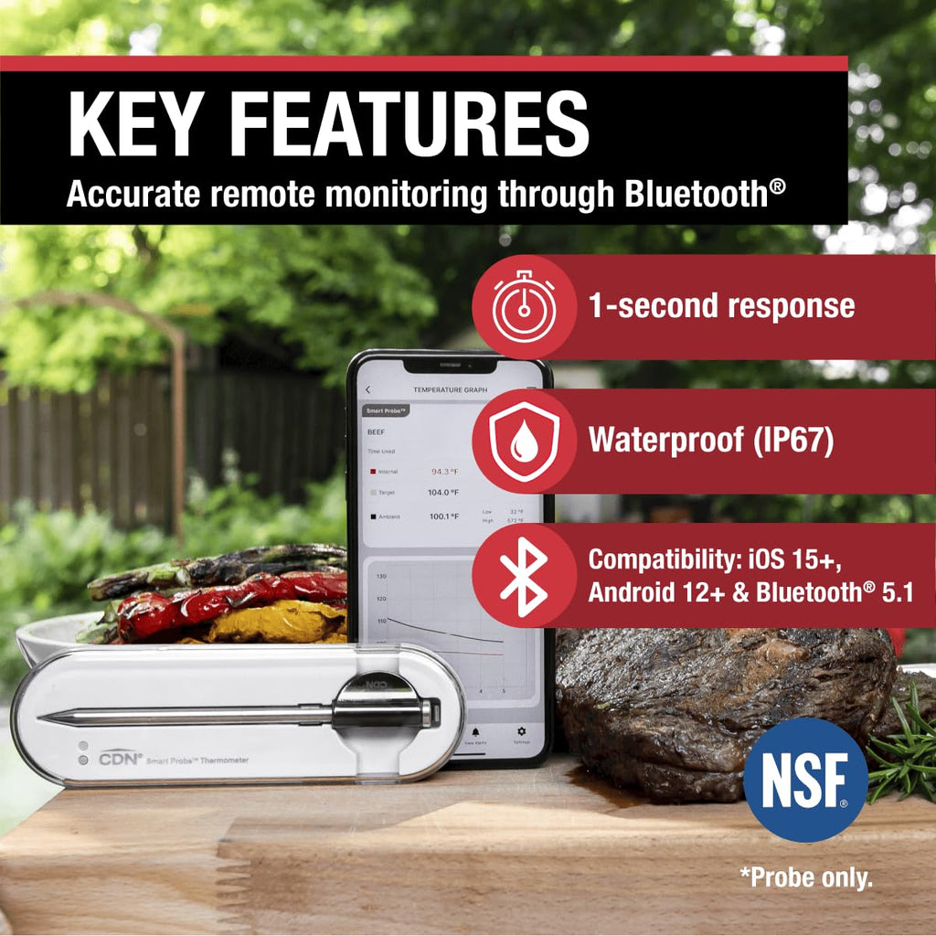 CDN Smart Probe Bluetooth Meat Thermometer | Wireless Digital Thermometer with NSF Certified Probe | Remote Temperature Monitoring via App for iOS & Android | for Oven, BBQ, Grill, Smoker | STP212
