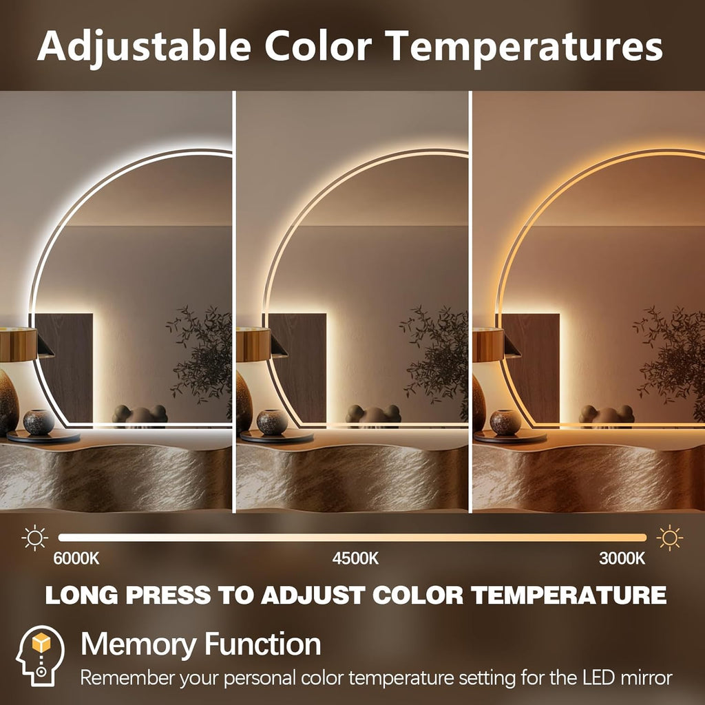 Niccy Half Moon Led Mirror for Bathroom, 28" Semi Round Backlit Mirror for Wall Lighted Mirror with Frameless 3 Color, Defogger, Explosion-Proof, HD Glass and IP65 Vanity Mirror