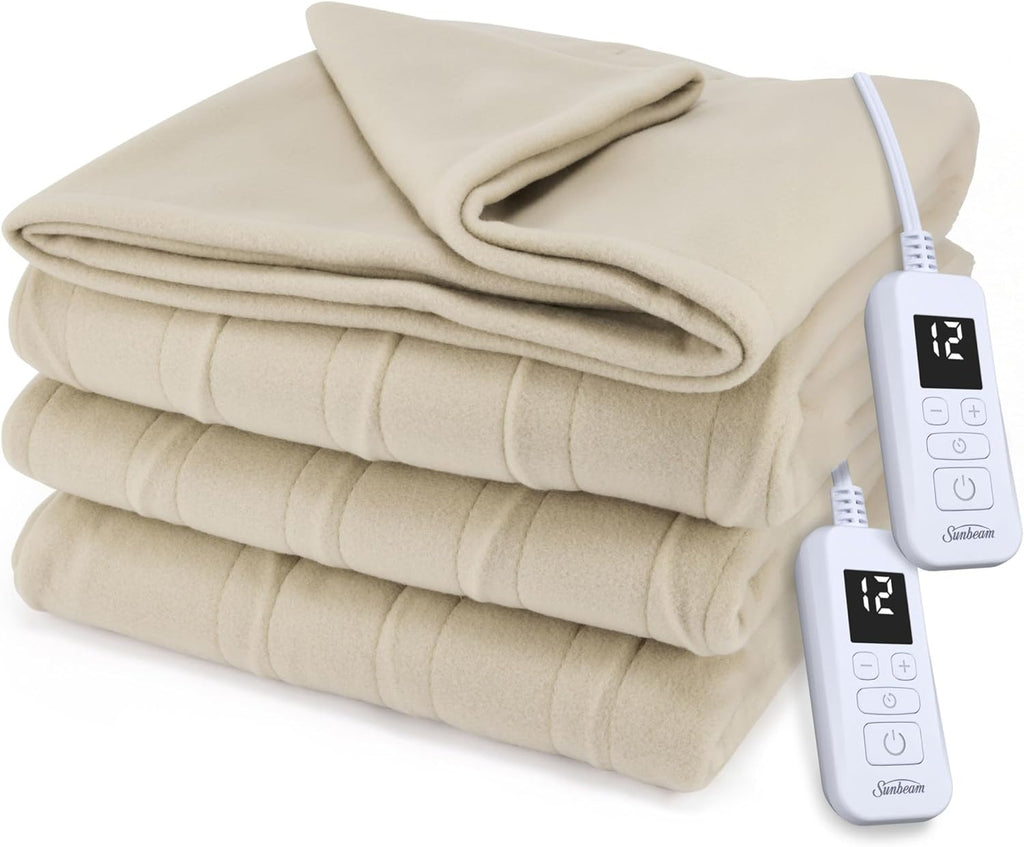 Sunbeam Royal Ultra Fleece Heated Electric Blanket King Size, 90" x 100", 12 Heat Settings, 12-Hour Auto Shut-Off, Machine Washable, Pebble Beige
