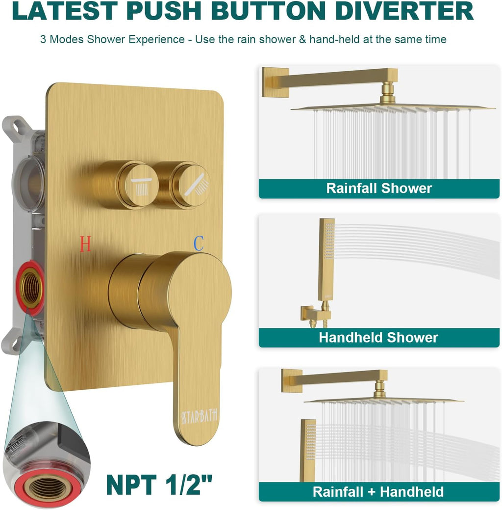 Brushed Gold Shower System, STARBATH 12 inch Rainfall Shower Head with Handheld Combo Set, Push Button Diverter 2 Functions Simultaneous Use, Bathroom Shower Faucet Set Rough in Valve Body and Trim