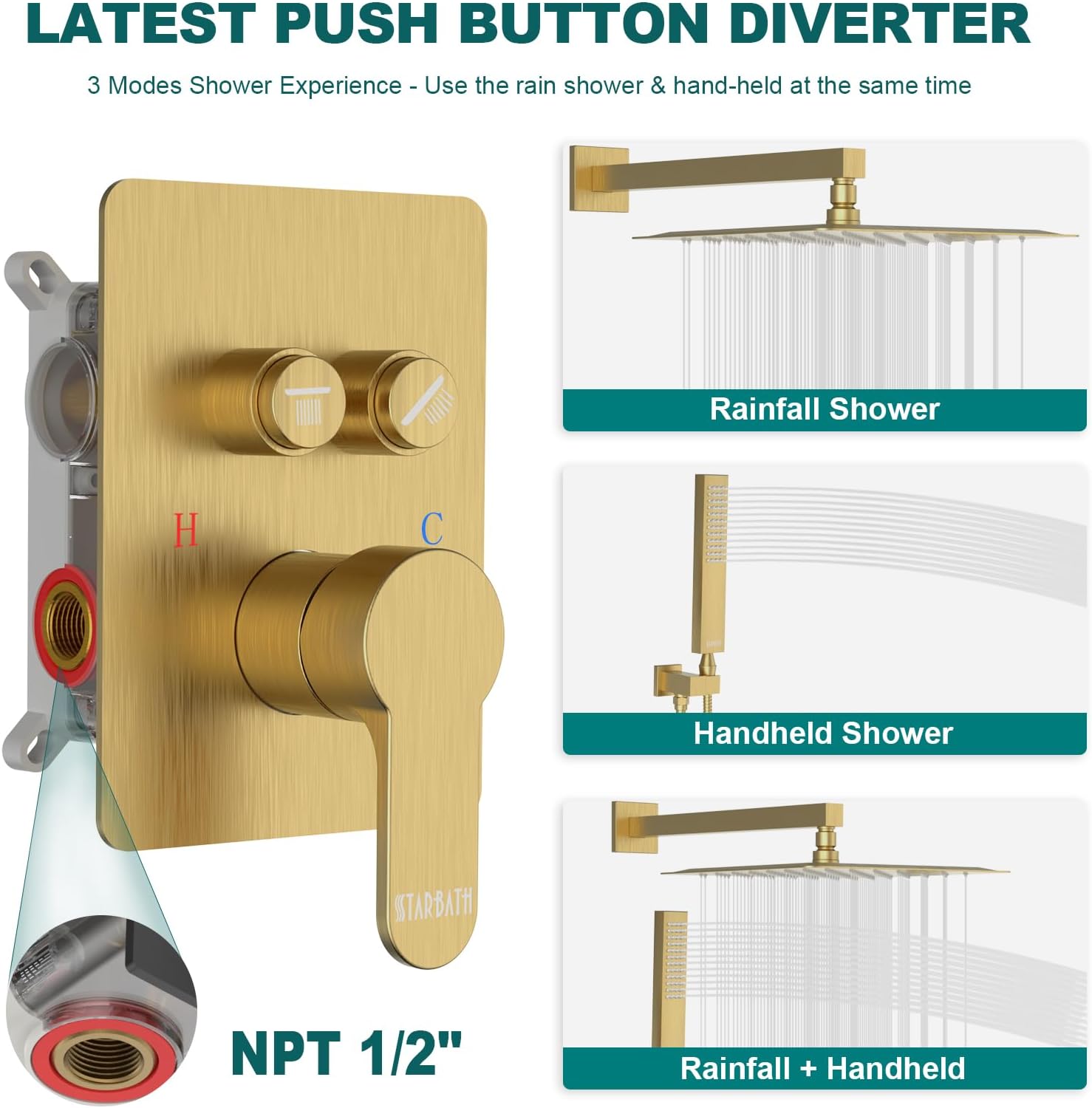 Brushed Gold Shower System, STARBATH 12 inch Rainfall Shower Head with Handheld Combo Set, Push Button Diverter 2 Functions Simultaneous Use, Bathroom Shower Faucet Set Rough in Valve Body and Trim