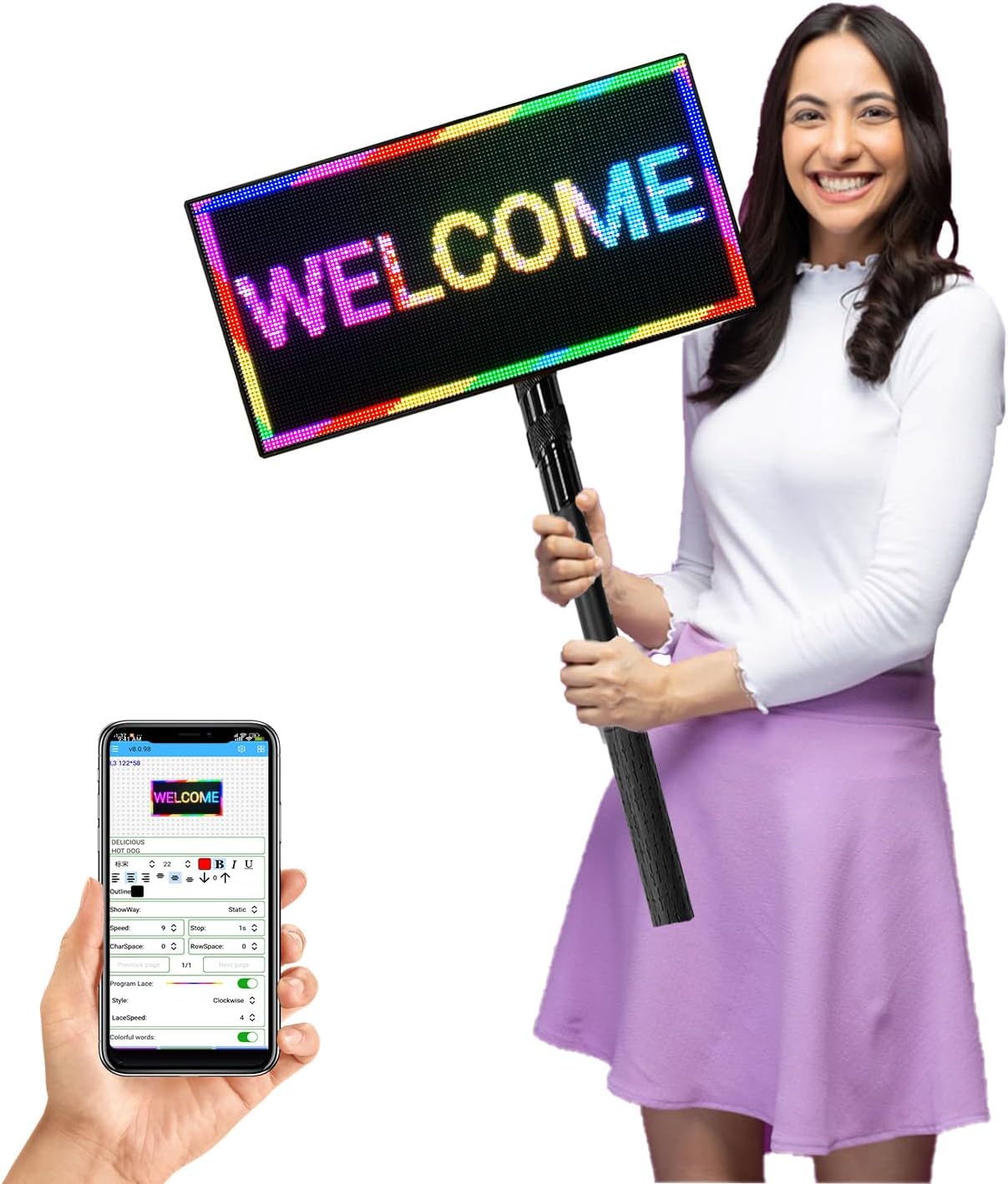 P3 Indoor Portable LED Digital Board 15“x7”, for Airport Pickups, Concerts, and Street Food WiFi Controlled Programmable Sign Custom Text, Simple Icons, Menu Board LED Scrolling Sign Handheld Business Message Board