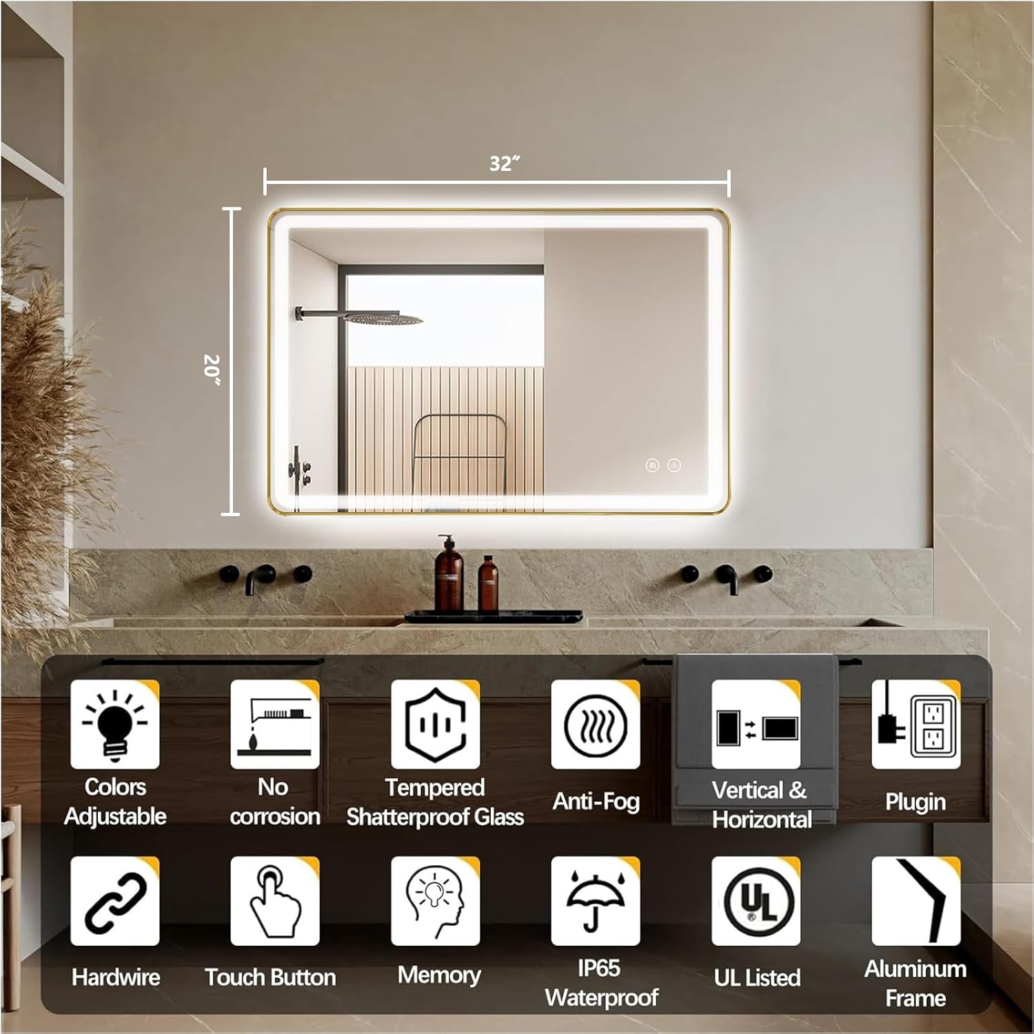 Rectangle LED Bathroom Mirror, 32"x20" Anti-Fog Double Touch Lighted Wall Vanity Mirror 45° Beveled Metal Frame Stepless Adjustable Color Temperature Smart Mirror 3000K-6000K, Gold