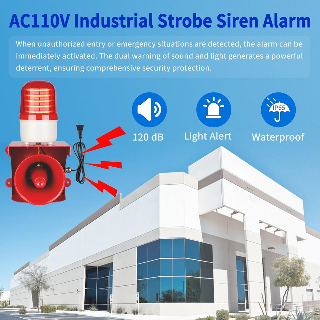 AC110V Industrial Siren Alarm Strobe Light-120dB Loud Horn&Red Beacon Warning Light,Waterproof Indoor/Outdoor Safety Alarm for Emergency,Factory,Office,Fires,Tornado,Intruders,Animal Deterrent
