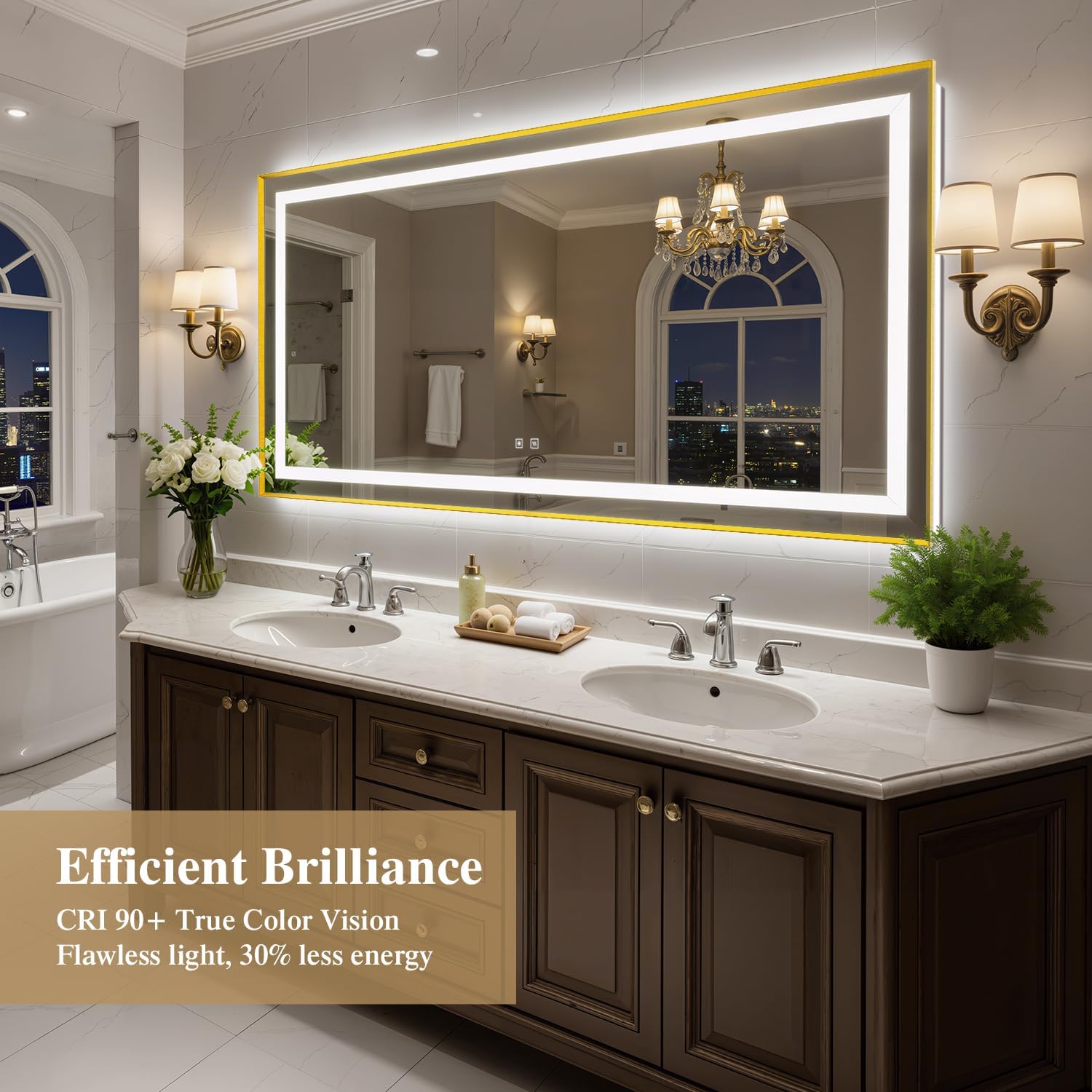 72X36 Inch LED Bathroom Mirror with Lights, Gold Frame Frontlit+ Backlit Bathroom Vanity Mirror for Wall, Ultra-Clear Tempered Glass, Shatter-Proof, Anti-Fog and Memory Function, ETL Listed