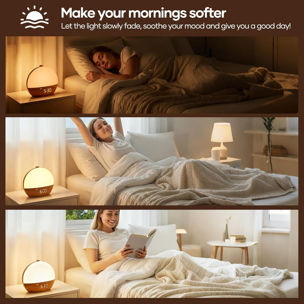 Stillstorm Sunrise Alarm Clock, Sound Machine, Wood Grain Dimmable Night Light for Heavy Sleepers, White Noise Machine for Baby, Dual Alarm Function 30 Sleep Sounds, Wake Up Light with 17 Effects