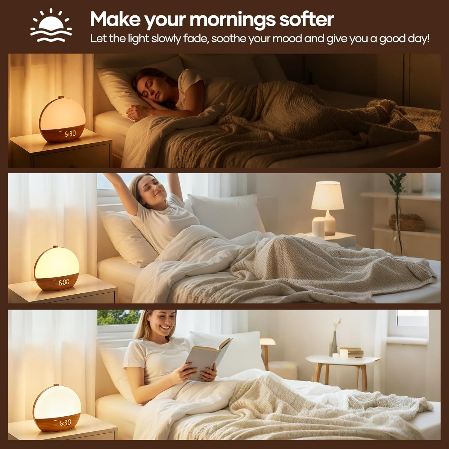 Stillstorm Sunrise Alarm Clock, Sound Machine, Wood Grain Dimmable Night Light for Heavy Sleepers, White Noise Machine for Baby, Dual Alarm Function 30 Sleep Sounds, Wake Up Light with 17 Effects