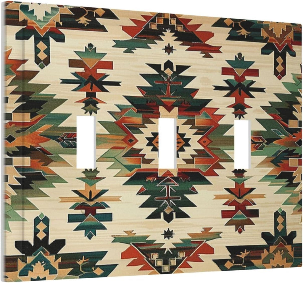 Decorative Switch Plates Southwest Rustic American Indian Aztec Boho 3 Gang Wall Plate Triple Toggle Light Switch Cover Faceplate Electrical Wall Panels for Bed Room living Room Decor