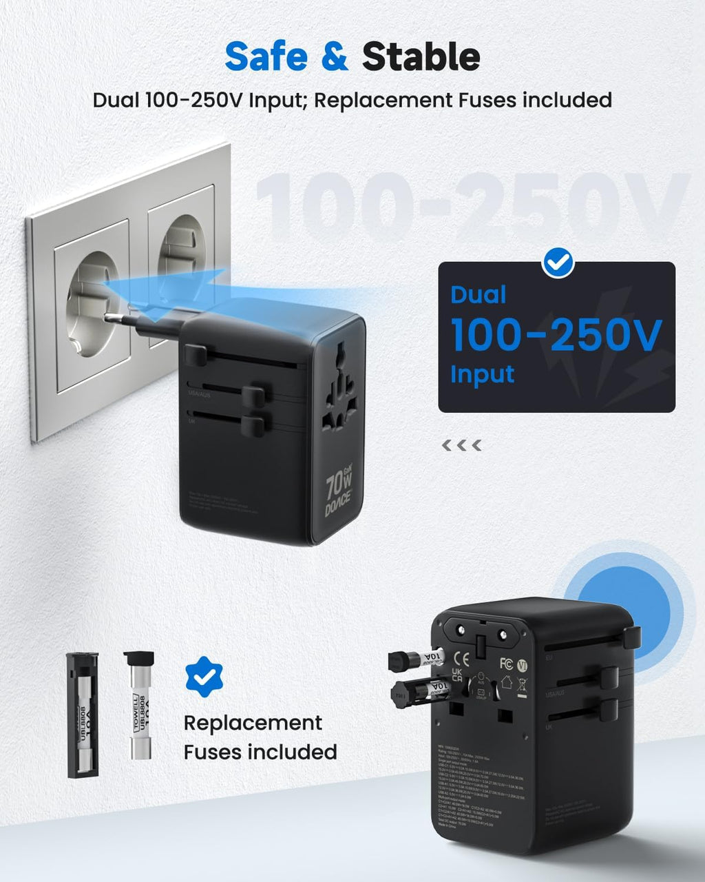 DOACE 70W Travel Adapter GaN 3.0, European Travel Plug Adapter with Built-in USB-C Cable, 6 in 1 International Power Adapter USB-C PD Fast Charging for EU/UK/USA/AUS