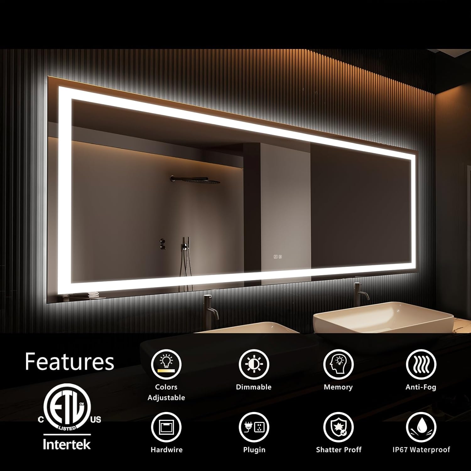 APRILSOUL 55x36 Inch LED Bathroom Mirror with Front and Backlit, Makeup Mirror with 3 Color Lights, Memory Function, Anti-Fog and Dimmable Light (Horizontal)