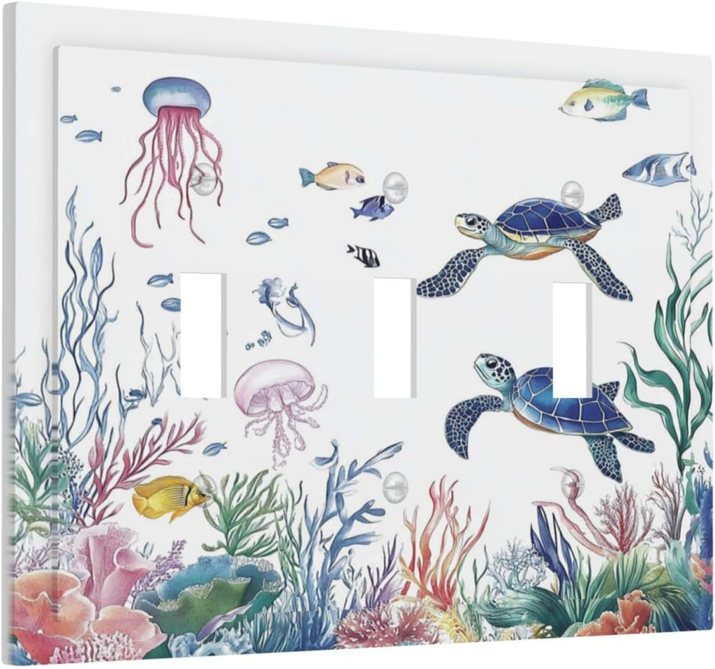 Blue Sea Turtle Ocean Fish Octopus Coral Decorative Switch Plates 3 Gang Wall Plate Triple Toggle Light Switch Cover Faceplate Electrical Wall Panels For Bathroom Kids Room Decor