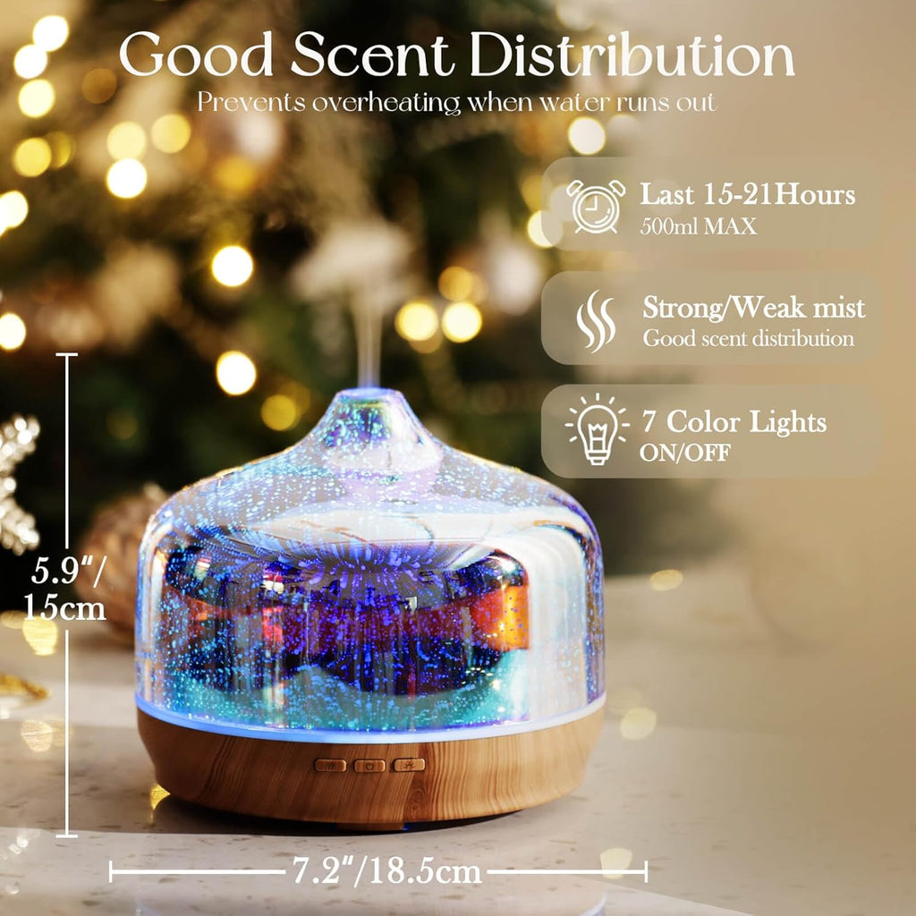Porseme 500ml Essential Oil Diffuser 3D Glass Aromatherapy Ultrasonic Humidifier - Auto Shut-Off, BPA Free for Home Hotel Yoga Gift