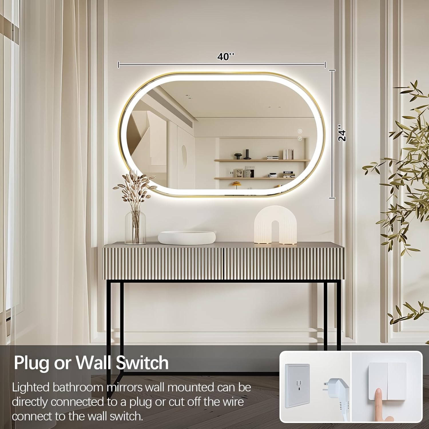 Niccy Oval LED Mirror for Bathroom, 40x24 Front Lit + Backlit Vanity Mirrors with Light Anti-Fog, Shatter-Proof, 3 Colors, Makeup Mirror with Old Gold Frame (Horizontal/Vertical)
