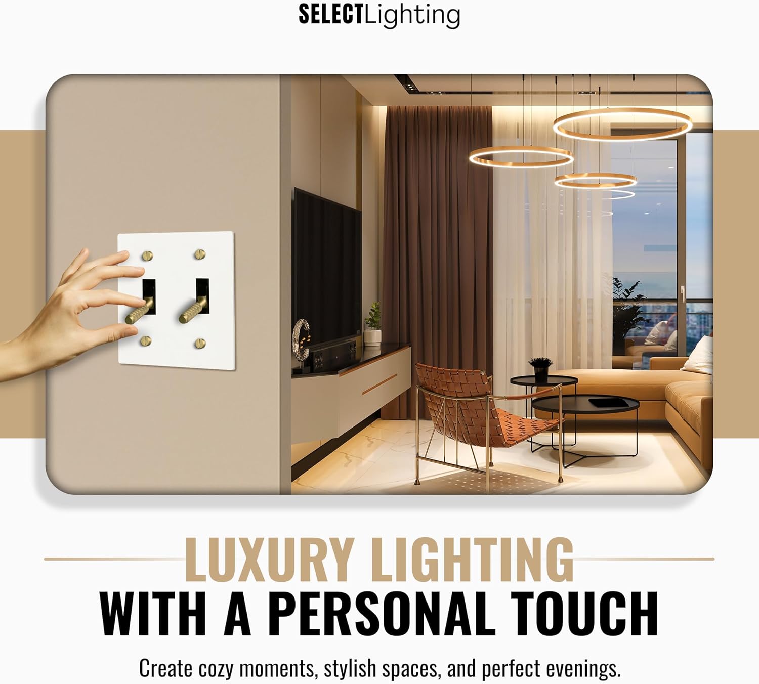 Select 15A 120V AC 2-Gang Toggle Switch, White with Solid Brass Vintage Style Single Pole 3 Way Compatible Wall Mount Toggle Switch, Included Faceplate & Switch Module, UL Listed